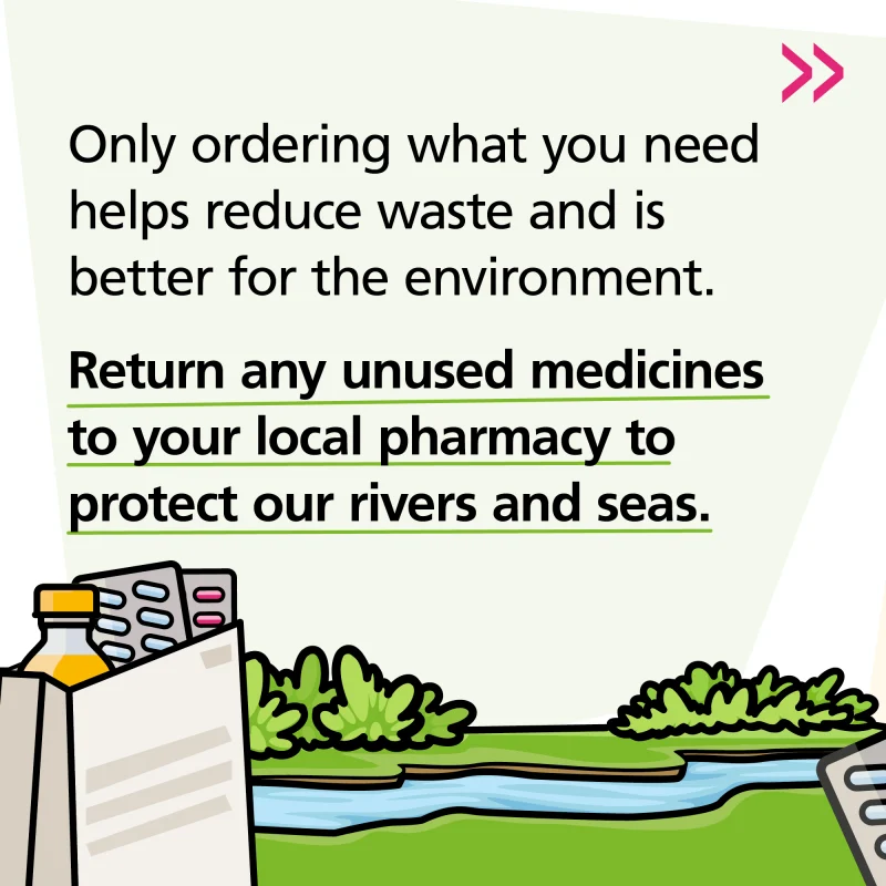 Medicine packs beside a river, with a campaign message to return unused medicines to a pharmacy for safe disposal.