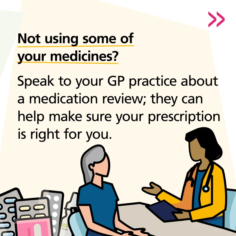 A patient talking with a healthcare professional, encouraging a GP-practice medication review when medicines are no longer being used.
