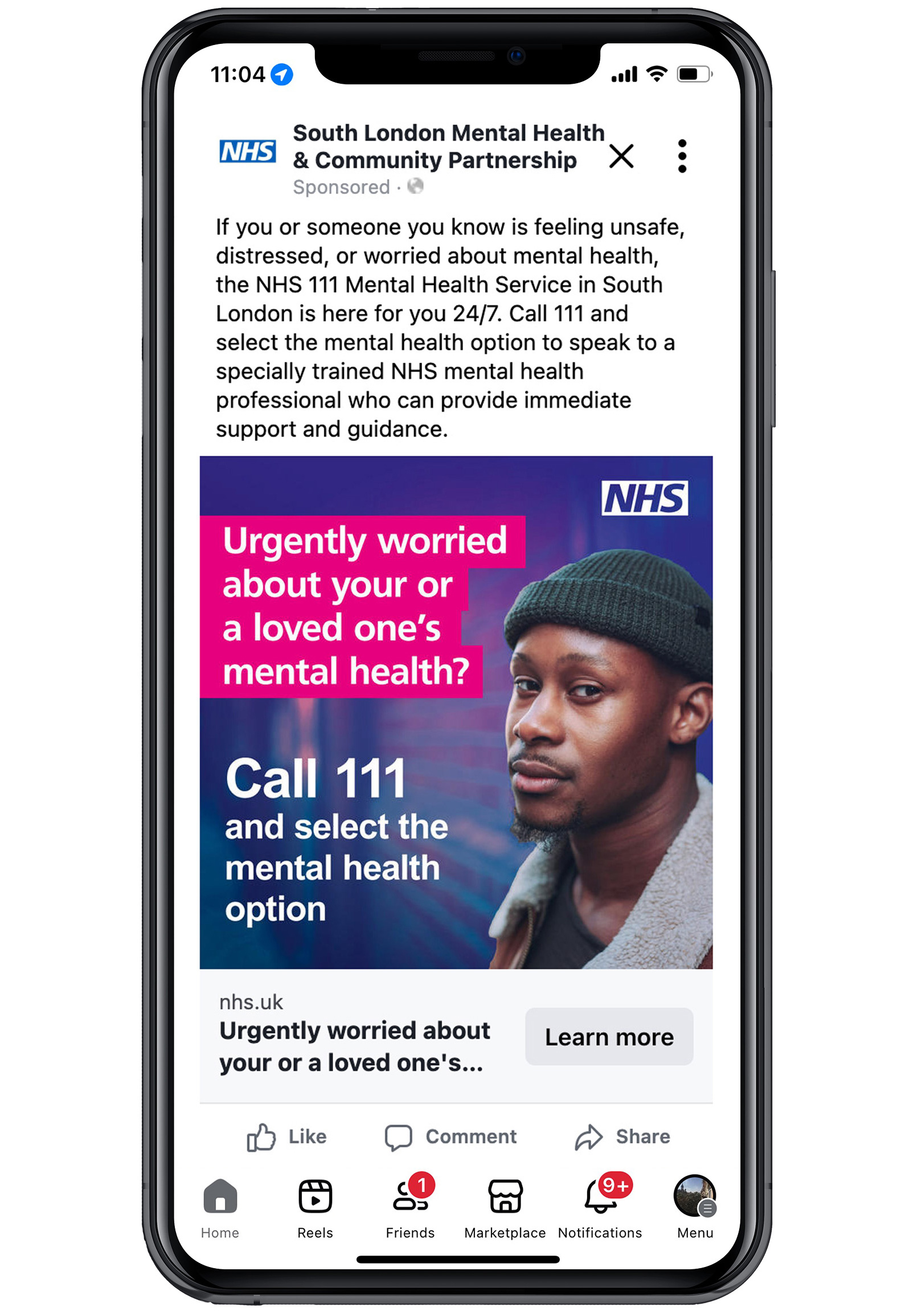 Approved NHS 111 mental health campaign shown in a social media placement
