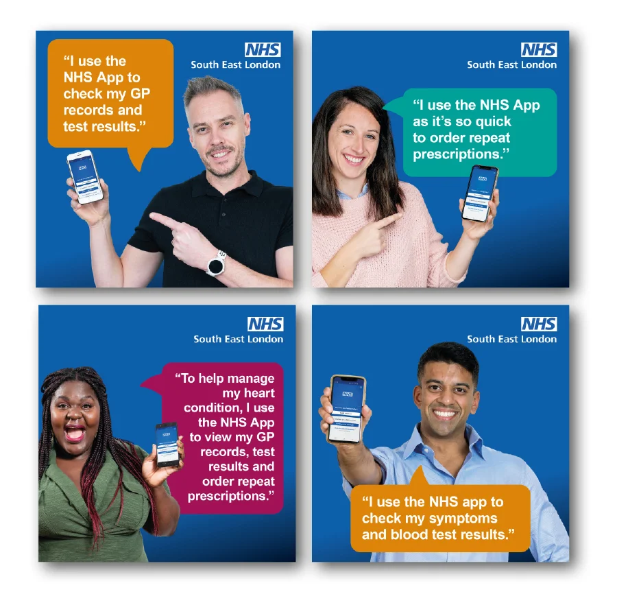 Four approved South East London NHS App campaign creatives featuring people holding phones