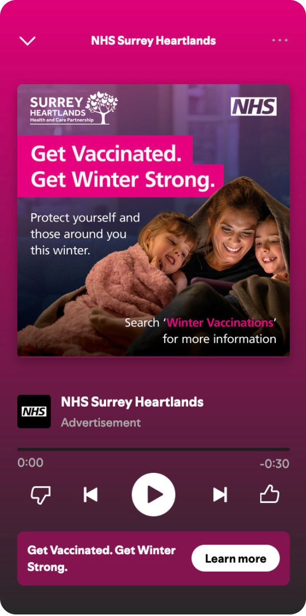 Approved NHS Surrey Heartlands winter vaccination Spotify campaign creative