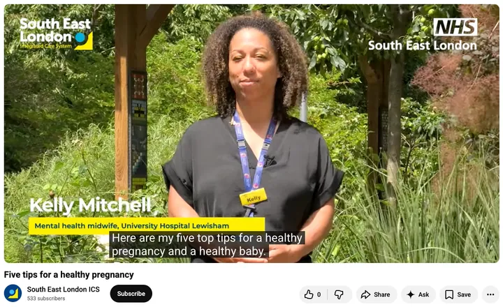 South East London mental-health midwife sharing five tips for a healthy pregnancy in a campaign video